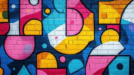 Poster - colorful geometric street art mural on a brick wall featuring vibrant shapes and bold lines in blue,