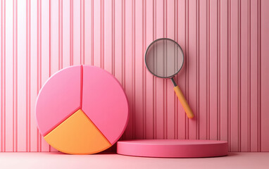 Poster - Stylish pink pie chart and magnifying glass on pastel background. Modern data analysis, statistics, and business concept.