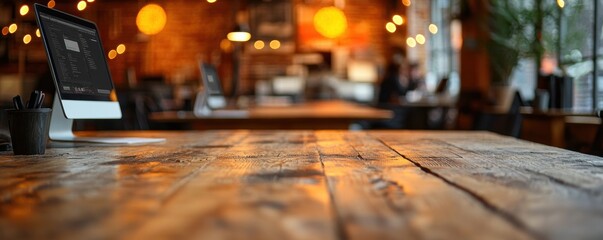 Wall Mural - Modern open-office concept with rustic wooden table and illuminated by warm ambient lighting featuring computers and office supplies