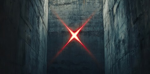 Poster - Realistic 3D rendering of an alien spaceship generated through a cyber sci fi stage show and neon lasers on a dark corridor of a tunnel corridor in a warehouse garage hangar.