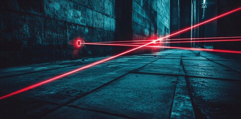 Poster - Realistic 3D rendering of a futuristic Cyber Sci Fi Showcase with red intense beams, neon lasers, a tunnel corridor, an alien spaceship, grunge concrete, and a warehouse garage hangar.