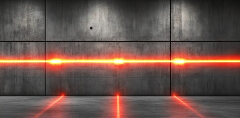 Poster - CG Sci Fi Futuristic Stage Showcase Red Vibrant Beams Neon Lasers On Dark Dungeon Corridor Warehouse Garage Hangar Alien Spaceship Grunge Concrete 3D Rendering