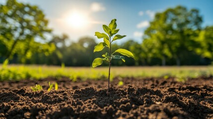 Canvas Print - Young Tree Sapling Growing in Soil with Sun and Sky Background