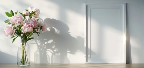 Poster - A white frame with a vase of pink flowers sits on a wooden table