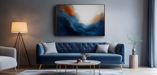 Wall Mural - Modern Living Room Interior Design with Blue Sofa and Abstract Artwork