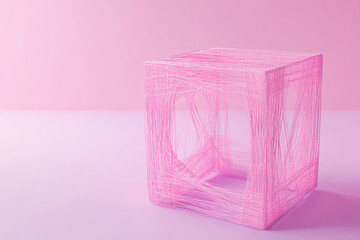 Poster - Abstract pink string cube against a pastel background. Minimalist geometric art with vibrant colors for modern designs and creative concepts.