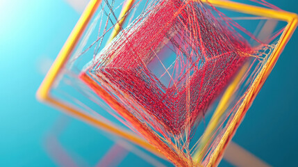Poster - Colorful abstract geometric sculpture with intricate web-like patterns, set against a blue background, showcasing contemporary art and creativity.