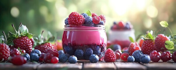 Delicious berry dessert served in a jar, surrounded by fresh raspberries and blueberries, perfect for summer gatherings.