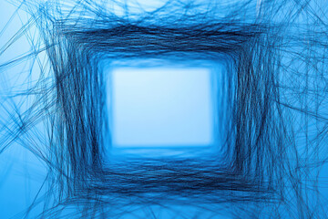 Poster - Abstract blue thread maze with square opening on light background. This intricate design captures depth, complexity, and modern art aesthetics.