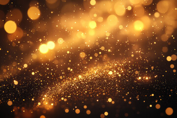 Poster - Abstract golden bokeh lights blur on black background, perfect for festive design or celebration backdrops. Bright and shimmering, evoking a sense of magic.