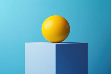Poster - A minimalistic  of a yellow ball placed atop a light blue cube against a vibrant blue background, showcasing clean lines and sharp contrasts.