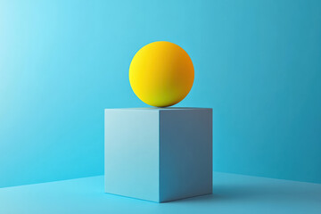 Poster - Minimalist scene with a yellow sphere perfectly balanced on a blue cube against a light blue background. Modern aesthetic and geometric shapes.
