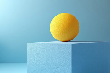 Poster - A vibrant yellow sphere balances perfectly on the edge of a textured blue cube against a smooth gradient background, creating a minimalist and modern aesthetic.