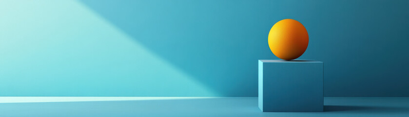 Poster - A minimalist image of an orange sphere atop a blue cube, set against a gradient blue background with dramatic lighting casting shadows to enhance depth.