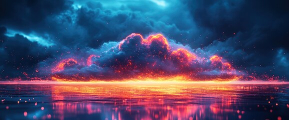 A dramatic, fiery cloud formation above a reflective surface.