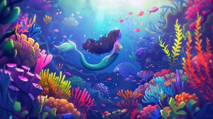 A mermaid swims through a vibrant coral reef, surrounded by colorful fish and bubbles.