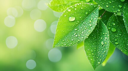 Wall Mural - Dew-Covered Green Leaves Against a Blurred Background