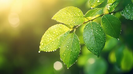 Wall Mural - Dew-Covered Green Leaves with Sunlight Filtering Through