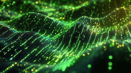 Poster - Abstract representation of flowing green lights resembling digital waves or a glowing landscape, showcasing rich textures and depth