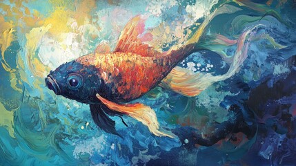 Canvas Print - A Vibrant Orange and Blue Fish Swimming in Abstract Water