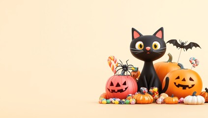 A playful Halloween scene featuring a black cat, pumpkins, candy, and a bat, perfect for festive decoration and seasonal fun.