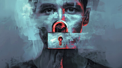 A man's face is locked by a padlock symbolizing restricted speech, with a cool-toned, abstract background