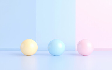 Poster - Three pastel-colored spheres arranged in a minimalist, abstract setting with a soft blue and pink background.