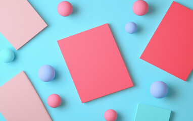 Poster - Vibrant abstract geometric arrangement with colorful spheres and rectangles on a pastel blue background. Modern minimalistic flat lay design.