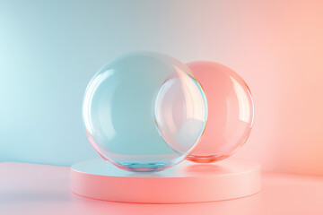 Poster - Abstract pastel-colored scene with two glass spheres on a white platform. Minimalist aesthetic with soft lighting and gradient background.