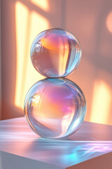 Poster - Beautiful close-up of two glass spheres with colorful reflections in soft, ambient lighting, creating a mesmerizing and abstract art composition.