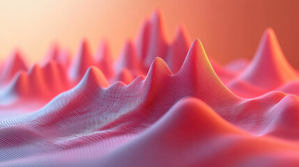 Poster - Abstract pink and orange digital terrain landscape with wavy peaks and valleys, showcasing a futuristic and vibrant texture and dynamic lighting.