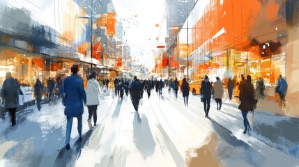 Poster - Abstract City Street Painting  Crowds  Urban Life  Modern Cityscape