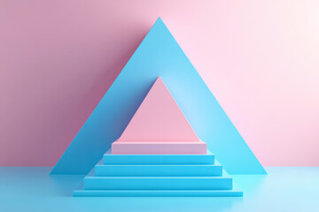 Poster - Minimalist pastel geometric shapes with pink and blue triangles and stairs, ideal for modern art, design inspiration, and creative projects.