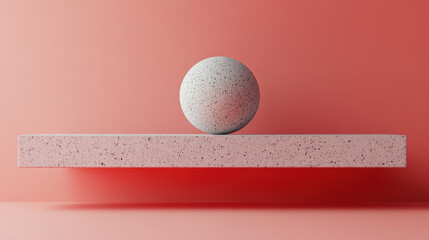 Poster - Minimalist balance concept with a white speckled sphere and pink rectangular block against a modern pink background, highlighting simplicity and symmetry.