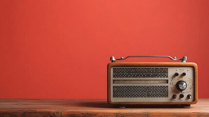 Poster - Vintage Radio on a Wooden Table Against a Red Wall