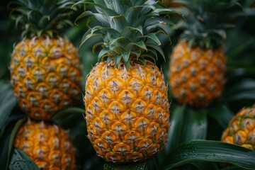 Wall Mural - A close-up shot showcasing the fresh, ripe, and vibrant pineapples growing in a lush and healthy field, hinting at their juiciness and tropical flavor in the natural environment