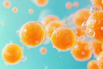 Poster - Close-up of vibrant, orange bubbles floating in clear, blue water. Bright and dynamic abstract image with a futuristic, energetic feel.