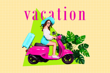 Poster - Composite photo collage of happy girl ride vespa moped carry suitcase summer vacation travel palm leaves isolated on painted background