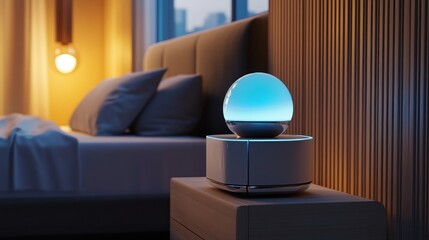 Sticker - A Blue Illuminated Sphere Lamp On A Wooden Nightstand In A Modern Bedroom