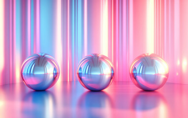 Poster - Three futuristic metallic chrome spheres on a reflective surface with vibrant blue and pink neon lighting in the background.