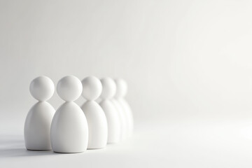 Poster - Minimalistic white human-like figures in a row on a light background representing simplicity, minimalism, and uniformity in an abstract setting.