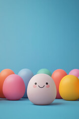 Colorful pastel Easter eggs arranged in a row on a bright blue background, with a smiling face on one egg, perfect for festive celebration themes.