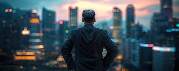 Wall Mural - A businessman gazes at a vibrant city skyline during sunset, reflecting ambition and future possibilities.