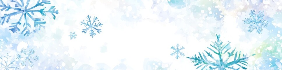 Border with blue snowflakes on white background. An illustration of a horizontal border painted by hand