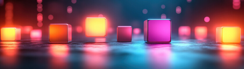 Poster - Colorful glowing cubes on a reflective surface with a blurred bokeh effect background, creating a vibrant and futuristic ambiance.