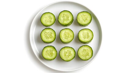 Fresh cucumber slices on white plate: healthy eating and clean design concept