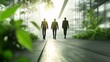 © Pojjanee - Green Business Leaders: Three determined businessmen walk towards a brighter future, their silhouettes casting an aura of ambition and sustainability in a modern, eco-conscious setting.