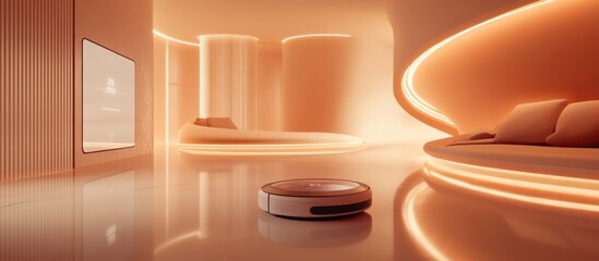 Robot Vacuum Cleaner in a Modern, Futuristic Interior with Warm Lighting