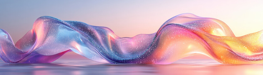 Poster - Abstract fluid dynamic wave with colorful gradient, sparkling texture, and soft lighting, ideal for backgrounds and creative digital projects.