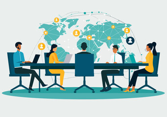 Poster - Global Team Teleconference in Modern Office Setting with Connected Network, Business Communication Concept
